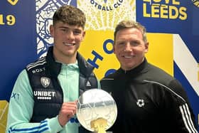 ENGLAND RECOGNITION - The PFA's Ritchie Humphreys presenting Leeds United defender Charlie Cresswell with an award in recognition of his contribution to England Under 21s' 2023 European Championship title