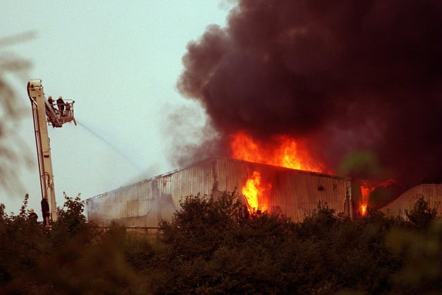 Firefighters tackled a major blaze at Britannia Bathrooms in Morley in August 1997.