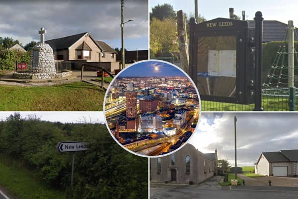 Pictures showing the small village of New Leeds, in Aberdeenshire, Scotland, from Google Streetview and, inset, the contrasting night-time skyline of Leeds city centre.