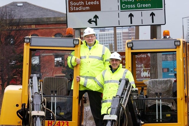 Councillors Mick Lyons (left) and Brian Walker mark the start of the first road works for the Leeds Supertram on Hunslet Road in March 2003.