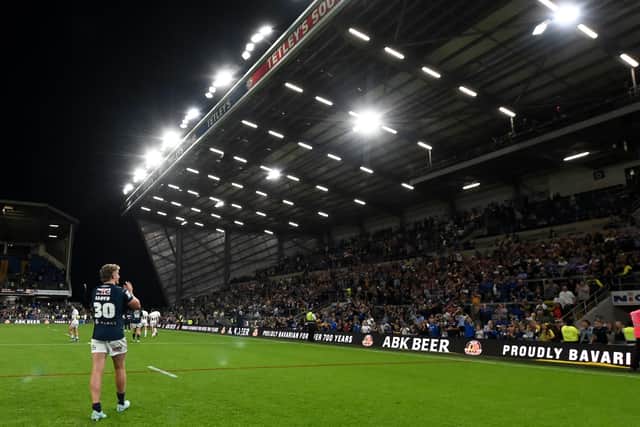 Debutant Zak Lloyd thanks Leeds Rhinos fans following his debut in the win against Toulouse Olympique at AMT Headingley. Picture by Matthew Merrick/SWpix.com.