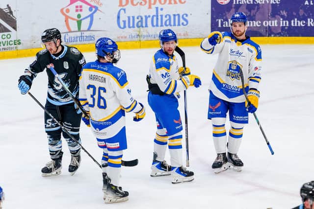 FIRING LINE: Leeds Knights' Liam Peyton (far right) celebrates his second goal in the 5-0 win over Solway last weekend. Picture: Kev Bland/Knights Media.