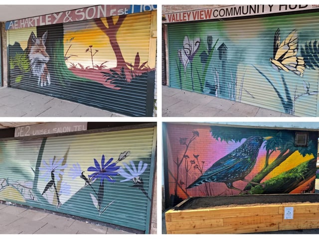 Some of the colourful murals painted onto shop shutters at The Gaunt shopping precinct in Gleadless Valley, showing beautiful images of sunsets, birds, fixes and flowers