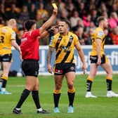 Caastleford Tigers' Liam Horne is sin-binned by referee Liam Rush during the 29-6 loss to Leeds Rhinos. Picture by Alex Whitehead/SWpix.com.