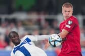 Finland's midfielder #06 Glen Kamara and Denmark's defender #14 Rasmus Kristensen vie for the ball during the UEFA EURO 2024 qualifying football match Finland v Denmark in Helsinki, Finland, on September 10, 2023. (Photo by Mads Claus Rasmussen / Ritzau Scanpix / AFP) / Denmark OUT (Photo by MADS CLAUS RASMUSSEN/Ritzau Scanpix/AFP via Getty Images)