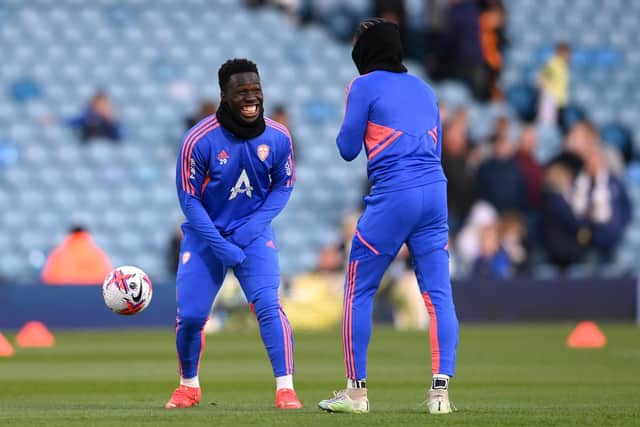 WAITING IN THE WINGS: Leeds United star Willy Gnonto, left, with fellow attacking ace Crysencio Summerville during the warm up ahead of Tuesday night's 2-1 win against Nottingham Forest at Elland Road. Photo by Stu Forster/Getty Images.