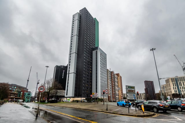 Sky Plaza in Arena Quarter on Merrion Way is the third tallest building in Leeds. It reaches heights of 103 metres.