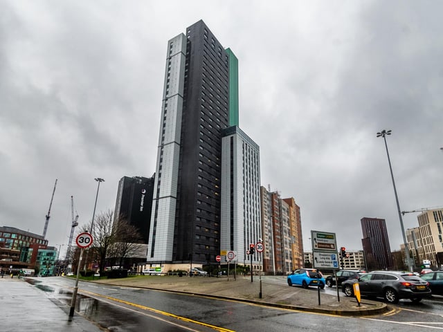 Sky Plaza in Arena Quarter on Merrion Way is the third tallest building in Leeds. It reaches heights of 103 metres.