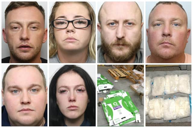The gang jailed today. Top l-r is Stephen Rayner, Cherie-Anne Rayner and Stephen Gibson. Bottom l-r is Darren Hunter, Megan Budden and the drugs found stashed in pallets of frozen chicken. (pics by WYP)