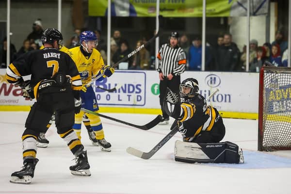 FAMILIAR FACES: Jordan McLaughlin makes a save during Hull Seahawks' 4-2 win against Leeds Knights at Elland Road in December. The two teams meet again this week in a two-legged NIHL National Cup semi-final. Picture: Stephen Cunningham/Knights Media.