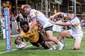 Mikaele Ravalawa, seen scoring during Castleford Tigers' win against Leeds Rhinos last month, has been recalled from loan at Doncaster and is in the 21-man squad for Friday's visit to Hull FC. Picture by Simon Hall/SWpix.com.