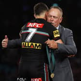 Former Leeds star Cliff Lyons presented the Clive Churchill Medal, for man of the match, to Penrith's Nathan Cleary after last year's NRL Grand Final. Picture by Matt King/Getty Images.