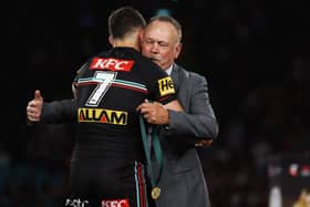 Former Leeds star Cliff Lyons presented the Clive Churchill Medal, for man of the match, to Penrith's Nathan Cleary after last year's NRL Grand Final. Picture by Matt King/Getty Images.