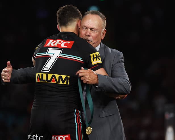 Former Leeds star Cliff Lyons presented the Clive Churchill Medal, for man of the match, to Penrith's Nathan Cleary after last year's NRL Grand Final. Picture by Matt King/Getty Images.