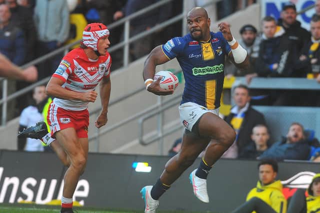 Maika Sivo on the charge for Leeds Rhinos against St Helens. Picture by Steve Riding.