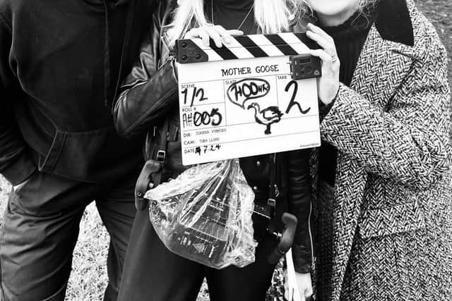 Writer Hugh Stubbins and director Joanna Vymeris with actor Sophie Thompson.