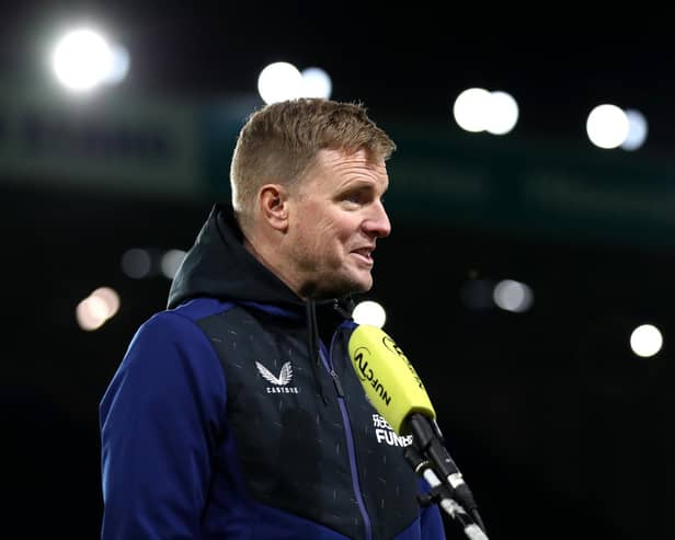 LEEDS, ENGLAND - JANUARY 22: Eddie Howe, Manager of Newcastle United speaks to the press after their sides victory during the Premier League match between Leeds United and Newcastle United at Elland Road on January 22, 2022 in Leeds, England. (Photo by George Wood/Getty Images)