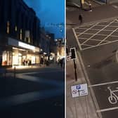 Briggate in Leeds city centre, pictured left, which was partly plunged into darkness during the power cut on Thursday night and, right, traffic lights out near New York Street.