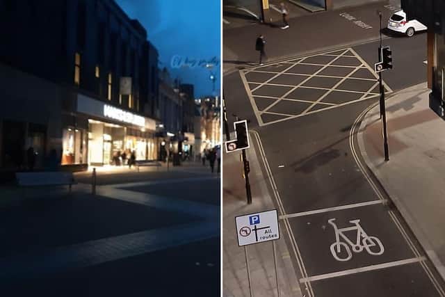 Briggate in Leeds city centre, pictured left, which was partly plunged into darkness during the power cut on Thursday night and, right, traffic lights out near New York Street.