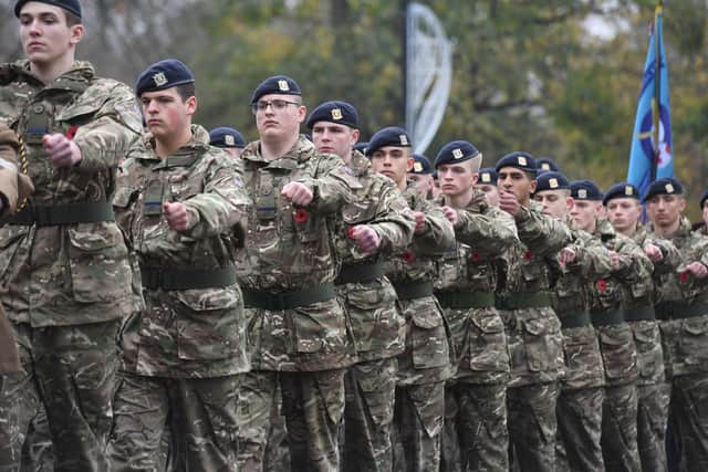 The army making their way through the town centre during the Remembrance Day parade and service at the cenotaph in 2024