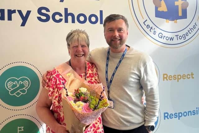 Retiring Angie Leech with headteacher Jonathan Wood.