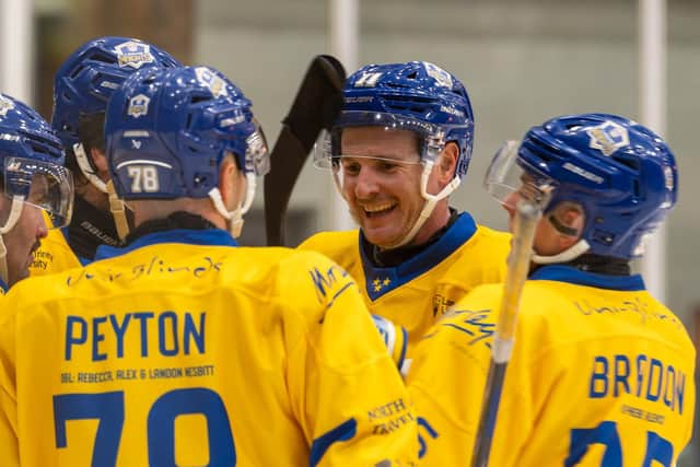 FAST START: Sam Dunn celebrates a Leeds Knights goal in last Saturday's 7-2 win against Telford Tigers. Picture: Alistair How/Knights Media.