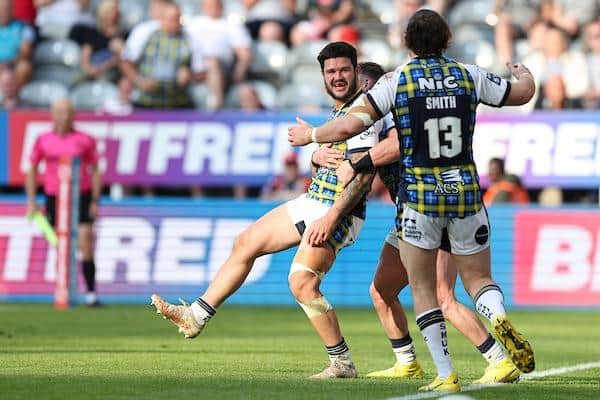 James Bentley, pictured celebrating his try at Magic Weekend, is out of contract at the end of this season, with no decision announced on his future. Picture by Paul Currie/SWpix.com.