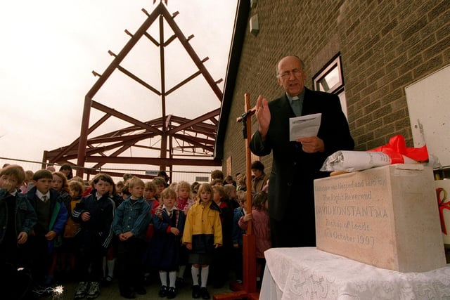 The Bishop of Leeds, the Right Rev. David Konstant, blesses the foundation stone for the new St. Benedict's Church in Garforth in October 1997.