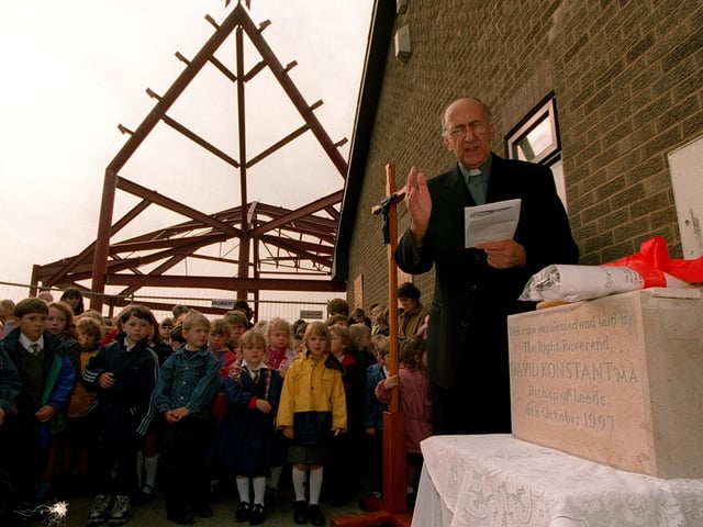 The Bishop of Leeds, the Right Rev. David Konstant, blesses the foundation stone for the new St. Benedict's Church in October 1997.