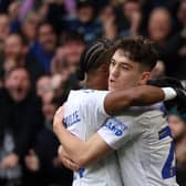 LEEDS, ENGLAND - OCTOBER 28: Daniel James of Leeds United celebrates with teammate Crysencio Summerville after scoring the team's first goal during the Sky Bet Championship match between Leeds United and Huddersfield Town at Elland Road on October 28, 2023 in Leeds, England. (Photo by George Wood/Getty Images)