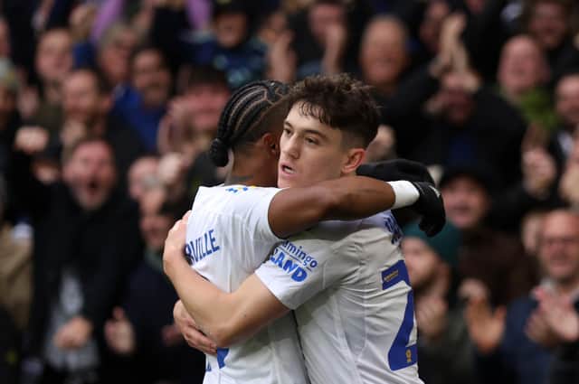 LEEDS, ENGLAND - OCTOBER 28: Daniel James of Leeds United celebrates with teammate Crysencio Summerville after scoring the team's first goal during the Sky Bet Championship match between Leeds United and Huddersfield Town at Elland Road on October 28, 2023 in Leeds, England. (Photo by George Wood/Getty Images)