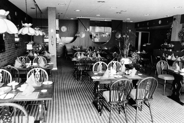 Did you enjoy a meal here back in the day?  The Stakis Windmill Hotel dining area pictured in May 1982.