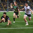 Josh Gillespie, who is on trial with Leeds Rhinos, scores for Northampton Saints against London Irish at Franklin's Gardens on November 13, 2021. Picture by Tony Marshall/Getty Images.
