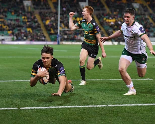 Josh Gillespie, who is on trial with Leeds Rhinos, scores for Northampton Saints against London Irish at Franklin's Gardens on November 13, 2021. Picture by Tony Marshall/Getty Images.