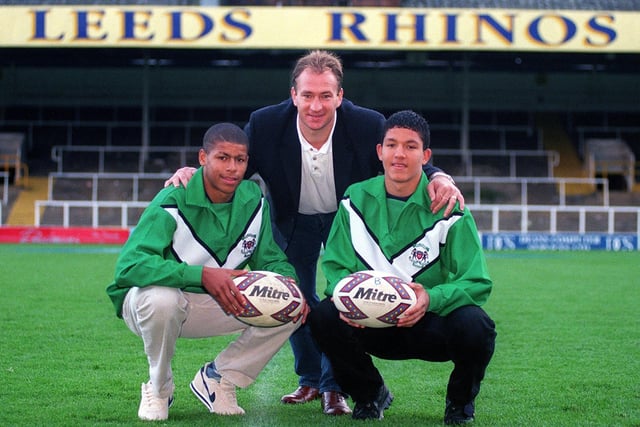 Pictured with head of youth Dean Bell in October, 1998, Bailey went on to become a six-time Grand Final winner with Rhinos, but Barker did not make a first team appearance.