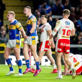 Leeds Rhinos' James McDonnell, left, celebrates his try against St Helens with teammate Harry Newman, right. Picture by Allan McKenzie/SWpix.com.