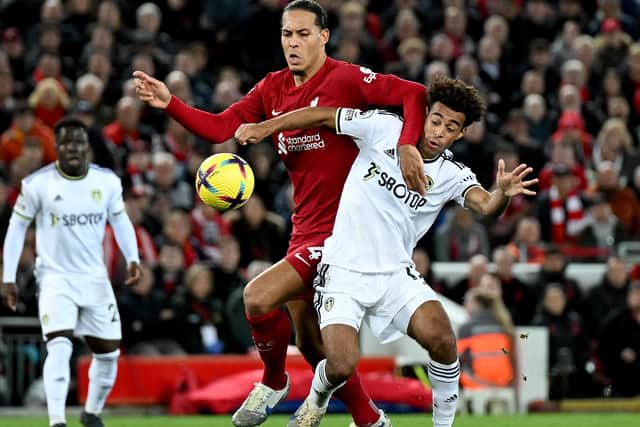 LIVERPOOL, ENGLAND - OCTOBER 29: (THE SUN OUT, THE SUN ON SUNDAY OUT) Virgil van Dijk of Liverpool competing with Tyler Adams of Leeds United during the Premier League match between Liverpool FC and Leeds United at Anfield on October 29, 2022 in Liverpool, England. (Photo by Andrew Powell/Liverpool FC via Getty Images)