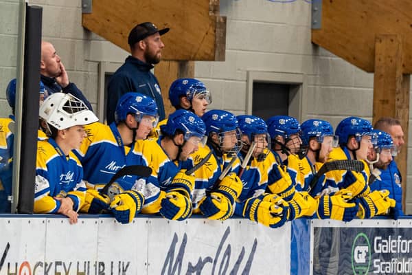 GROUNDED: Head coach Ryan Aldridge (far left) insists Leeds Knights will not get carried their with their unbeaten start to the NIHL National season. Picture courtesy of Oliver Portamento.