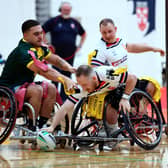 Leeds Rhinos' Nathan Collins scores for England in their wheelchair rugby league Test win against Australia at the Gold Coast Sports and Leisure Centre, in Carrara. Picture by Jason O'Brien/SWpix.com.