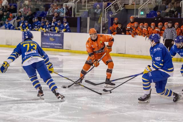 Sheffield Steeldogs' Bair Gendunov fires at the net against Leeds Knights on New Year's Eve. (Picture: Tony Johnson)