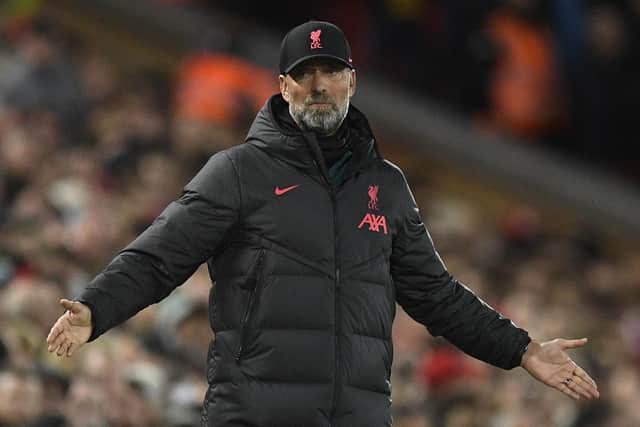 CLEAR RESPECT: For Leeds United from Liverpool boss Jurgen Klopp, above, pictured during Saturday night's 2-1 loss against the Whites at Anfield. 
Photo by OLI SCARFF/AFP via Getty Images.