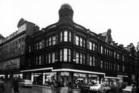 View from north east corner of Lands Lane and Albion Place in November 1968. Powell Richards shop, John Peter's and Lloyds gramophone dealers visible.