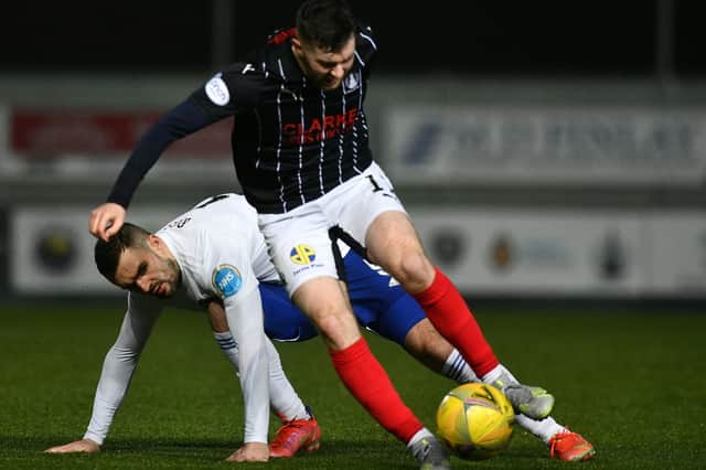 Aidan Keena on the ball for Falkirk during their 3-0 home defeat by Cove Rangers in December (Photo: Michael Gillen)
