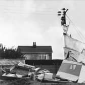 A caravan blown from its standing in a field off Headlands Road in September 1983.