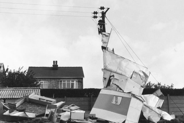 A caravan blown from its standing in a field off Headlands Road in September 1983.