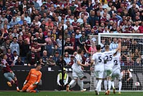 HAMMER BLOW: As Jarrod Bowen fires past Joel Robles to put West Ham 2-1 up. Photo by BEN STANSALL/AFP via Getty Images.