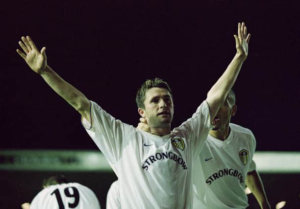 Joy for Robbie Keane of Leeds as he scores a goal during the UEFA Cup Round One match between Leeds United and Maritimo played at Elland Road in Leeds, England.  Leeds won the match 3-0.