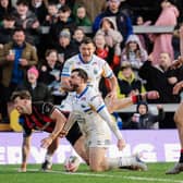 Jack Bird celebrates scoring a try during his home debut for Leeds Rhinos in the 26-22 win against Warrington Wolves. Picture by Alex Whitehead/SWpix.com.