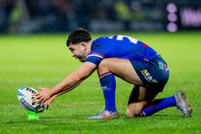 Wakefield Trinity's Jack Sinfield lines up a conversion in the Challenge Cup defeat of his former club Leeds Rhinos. Picture by Allan McKenzie/SWpix.com.
