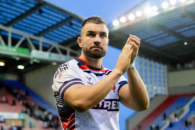 New Wakefield Trinity signing Mike McMeeken thanks England's fans after the first Test victory over Samoa in Wigan. Picture by Allan McKenzie/SWpix.com.,